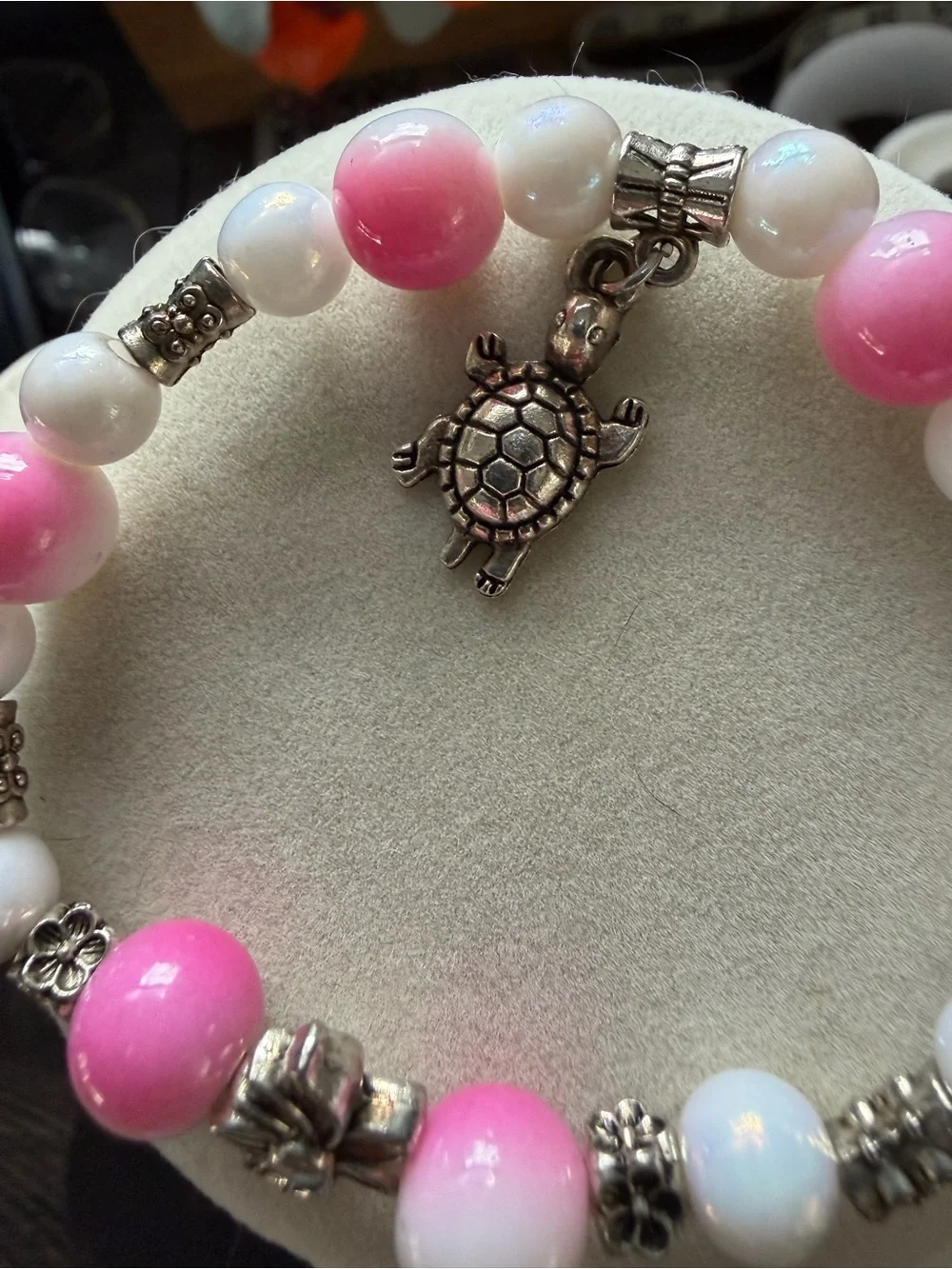 Handmade Pink & White Beaded Turtle Charm Bracelet